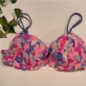 PINK Victoria's Secret 34D Floral‎ Lace Unlined Bra Pink Blue Sheer